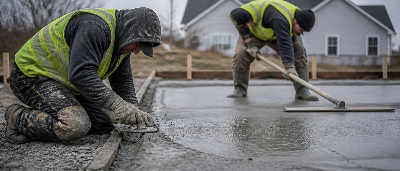 Two concrete finishers working a wet residential slab, one hand-floating an edge and one bull-floating the surface