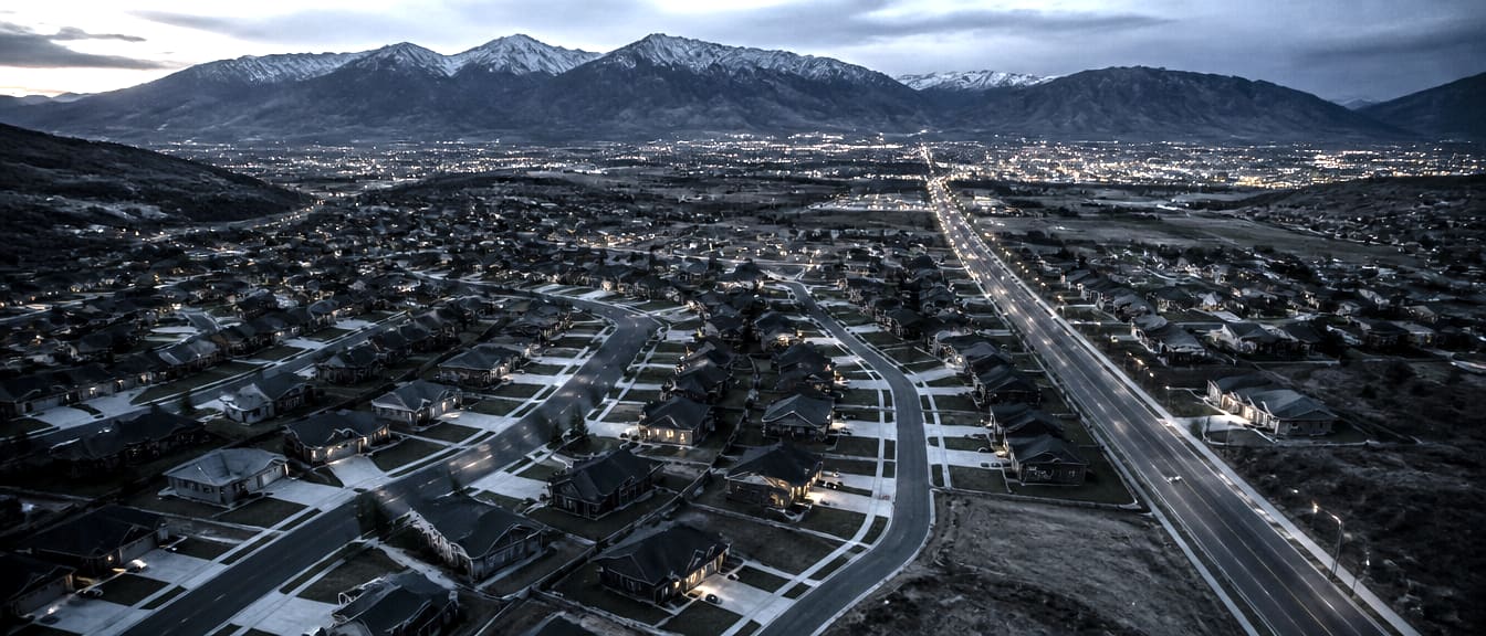 Aerial view at dusk across a Northern Utah valley of neighbourhoods and roads running toward the Wasatch range