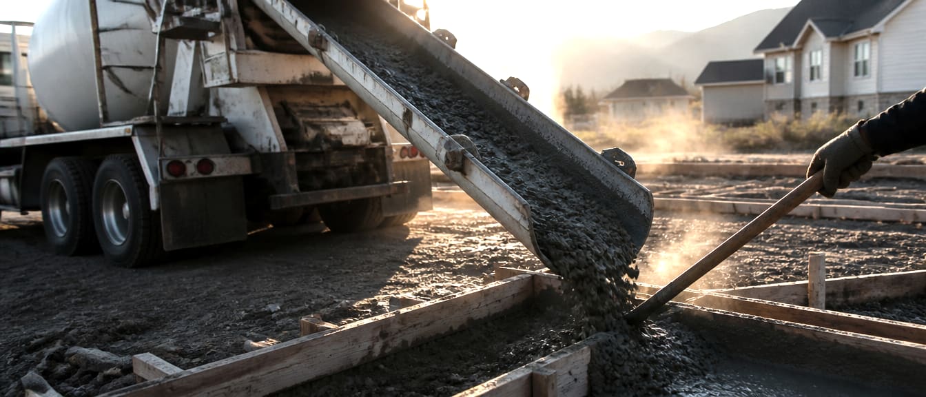Wet concrete pouring down a mixer truck chute into timber forms at golden hour