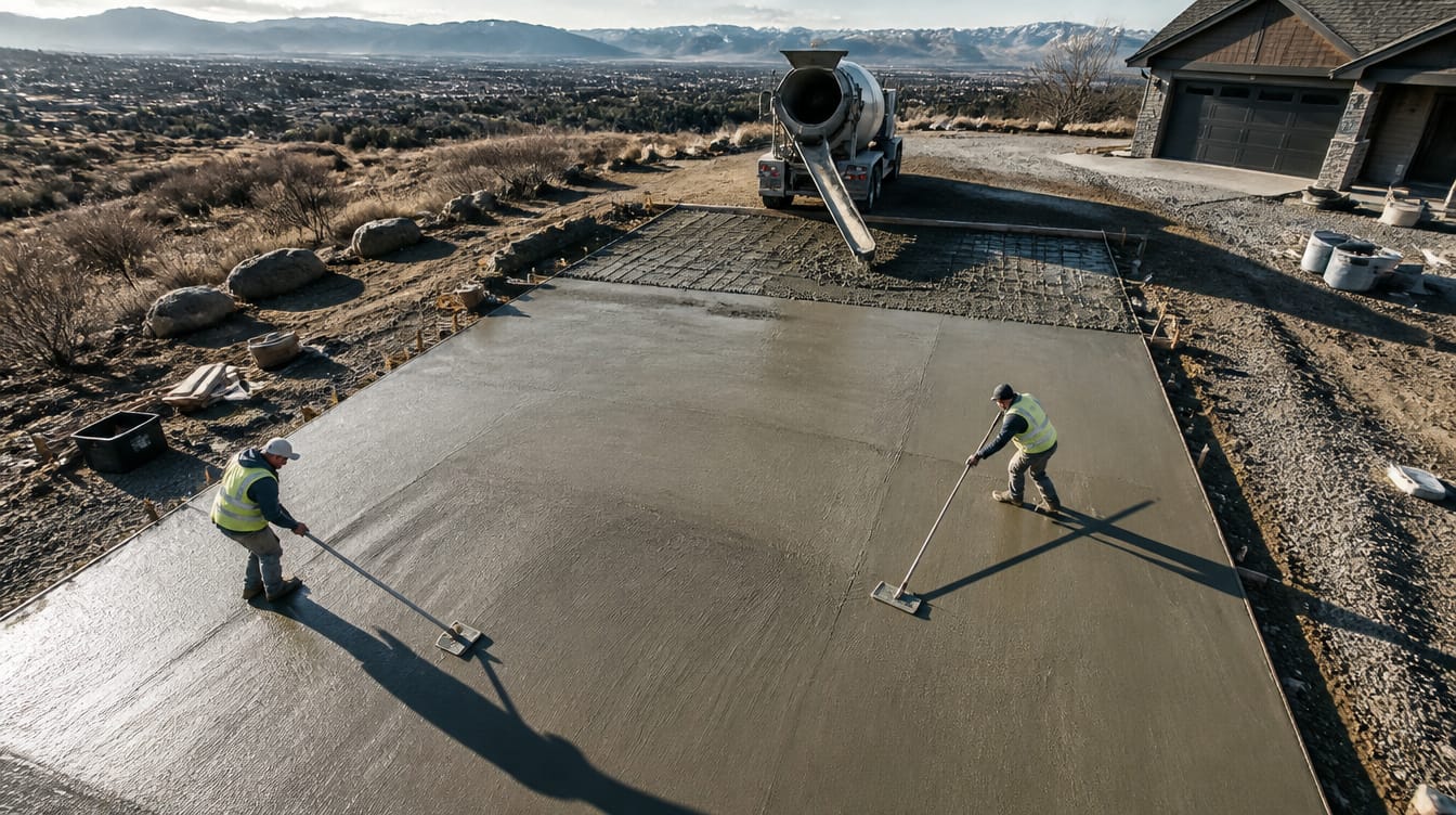 Aerial view of a Premier Concrete Utah crew finishing a freshly poured residential driveway slab with the Wasatch range behind