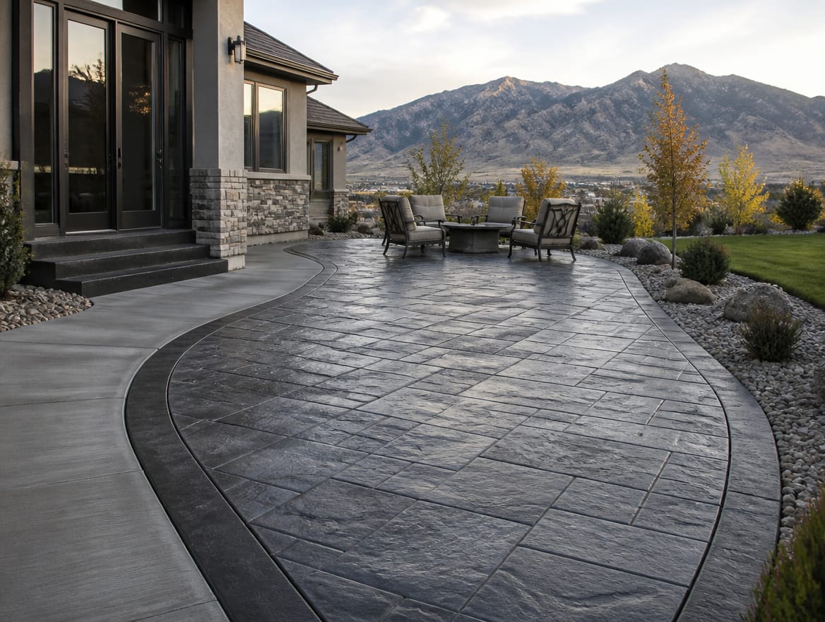 Finished stamped concrete patio with tooled joints behind a Northern Utah home